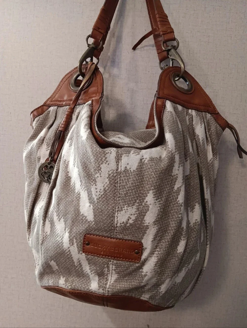 Vintage Lucky Brand Beige Canvas Hobo with Brown Leather Trim